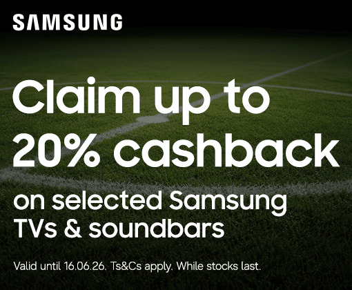 Samsung promotion for 20% cashback on selected TVs and soundbars.