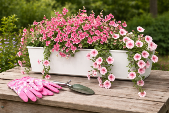 Pink flowers in a white planter with gardening gloves and tools on a table.