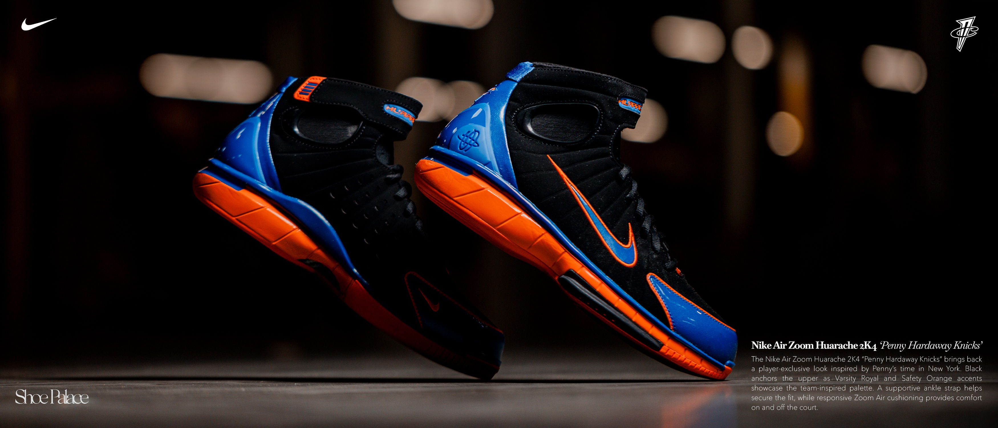 Nike shoes in black, blue, and orange colors on a sleek background.