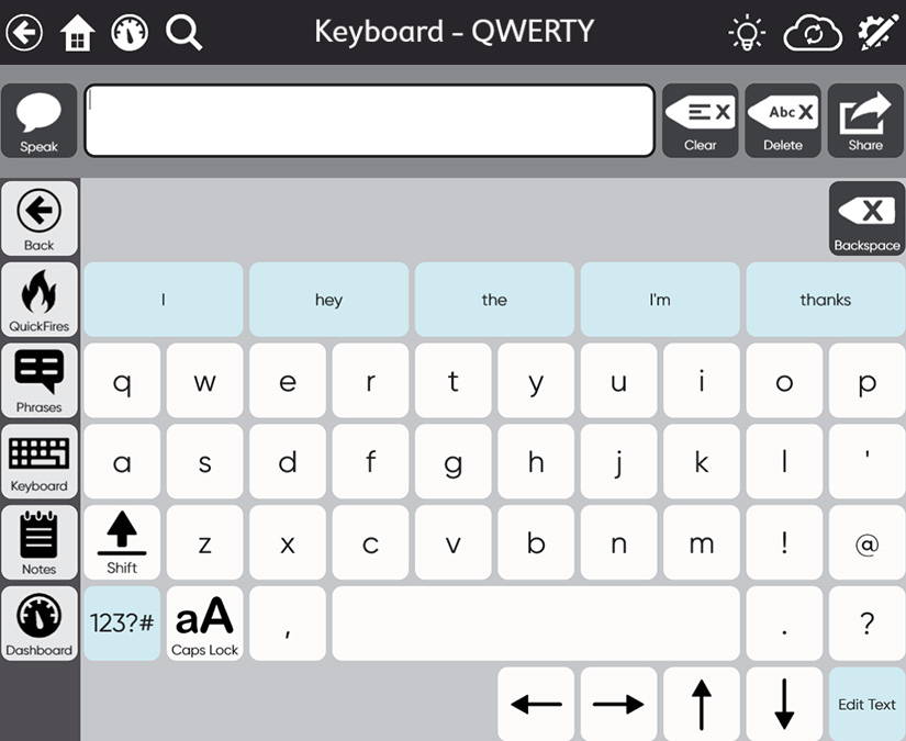 Tobii Dynavox TD Snap Text Page Set predictive keyboard screenshot