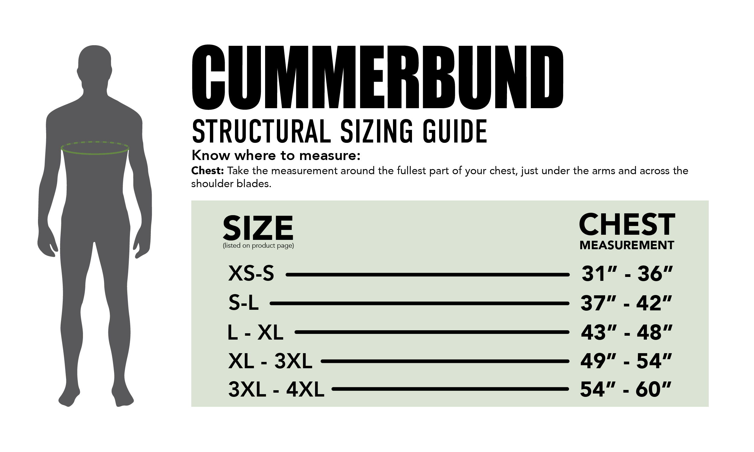 Cummerbund structural sizing guide with size and chest measurement information.