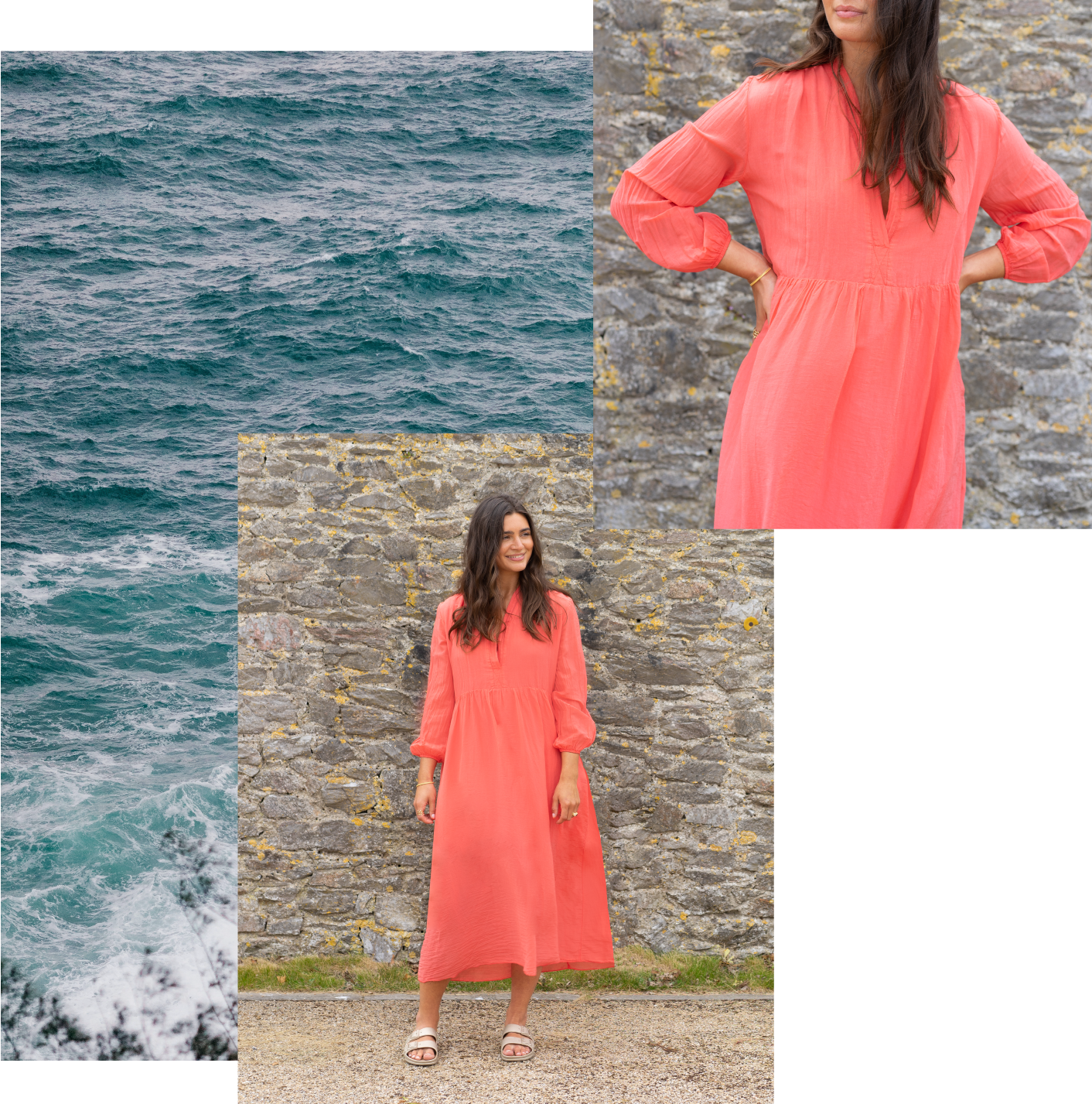 A montage of the sea with images of a model wearing a pink, long sleeved dress