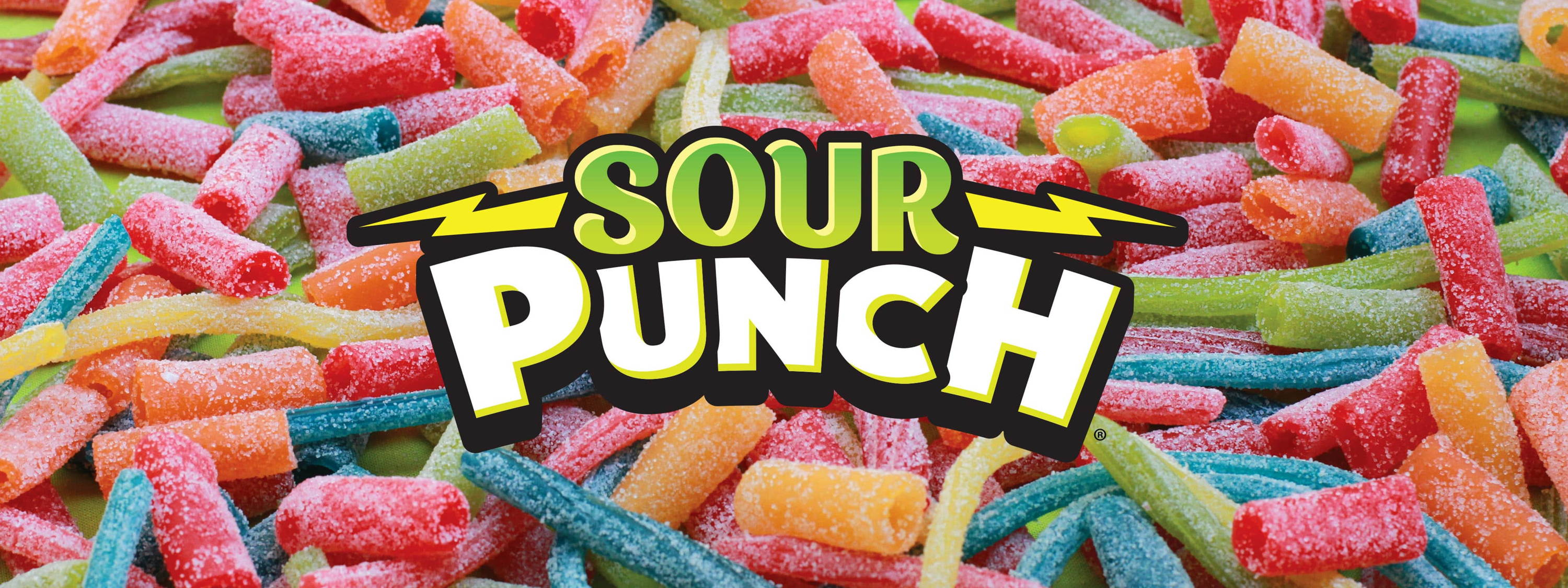 Sour Punch Logo over raw Sour Punch candies background