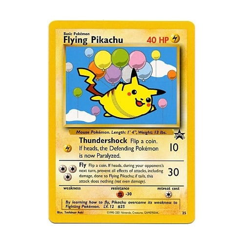 rare pikachu cards - Flying Pikachu Pokémon card with balloons and game statistics.