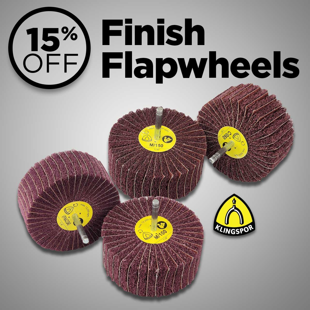Four flapwheels with a 15% off promotional text.