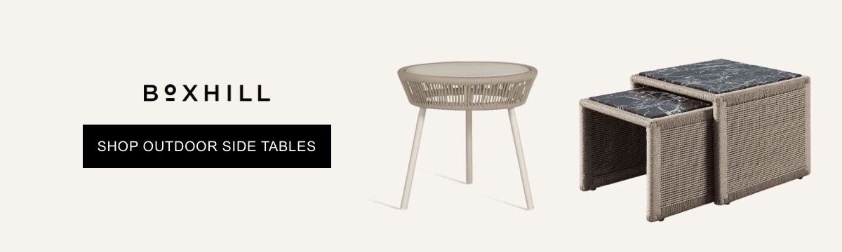 Boxhill outdoor side tables promotion featuring modern patio tables for fire pit seating areas.