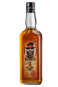 Bottle of Bubba's hot honey whiskey with a label featuring a bearded man.