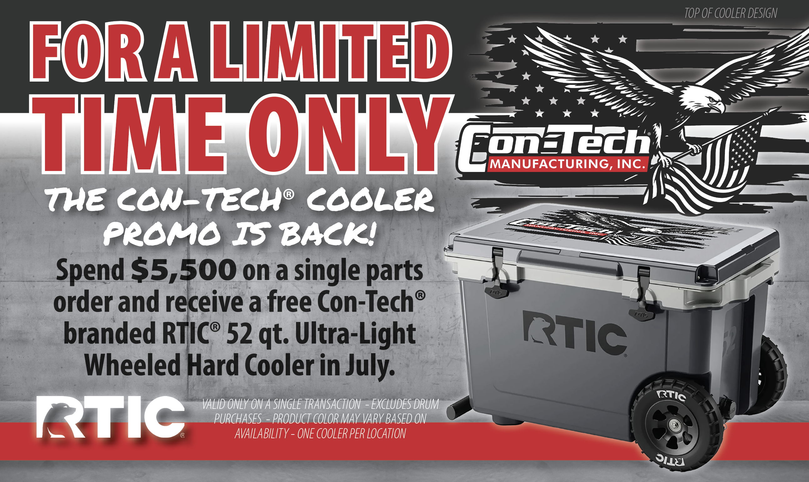 Promotional image for Con-Tech cooler offer with details and logo. 
