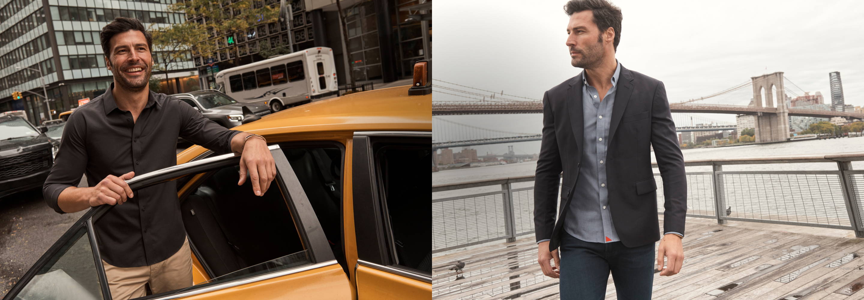 Model on the left is wearing UNTUCKit buttondown in black and Model on the left is wearing UNTUCKit gray button-down with black blazer. 