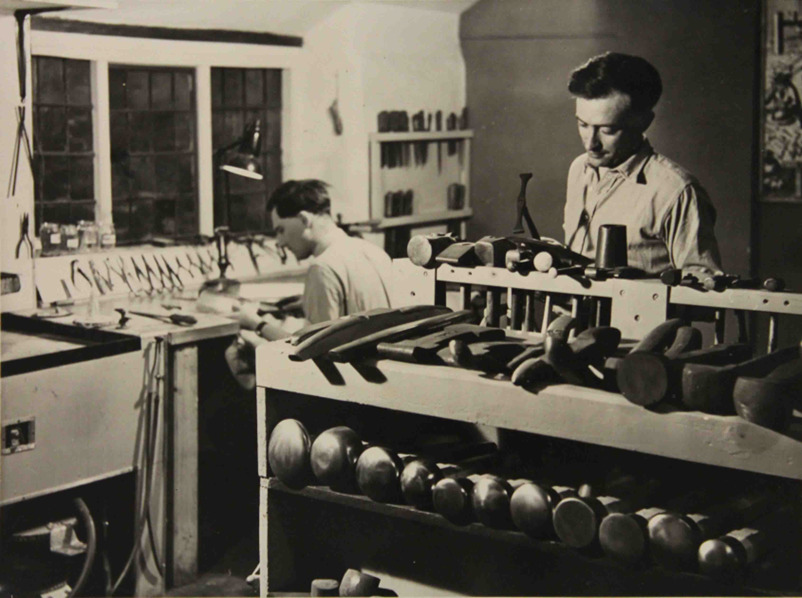 1956, Robert (seated) and friend and jeweller, Donald McFall who was an occasional visitor to the workshop in the early days