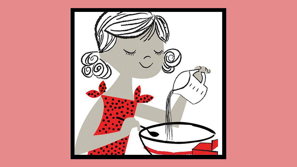A digital illustration of a child pouring liquid into a bowl. They have grey skin, white hair in pigtails, and a red and black spotted top.
