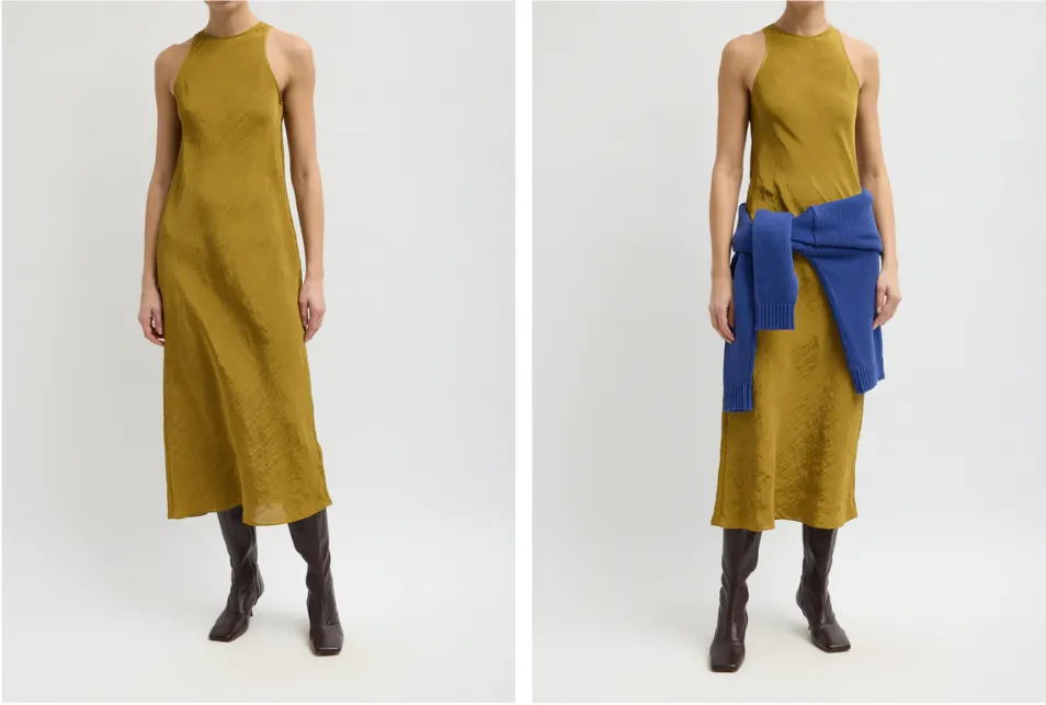 Model wearing a mustard dress, one version with blue sweater tied around waist.