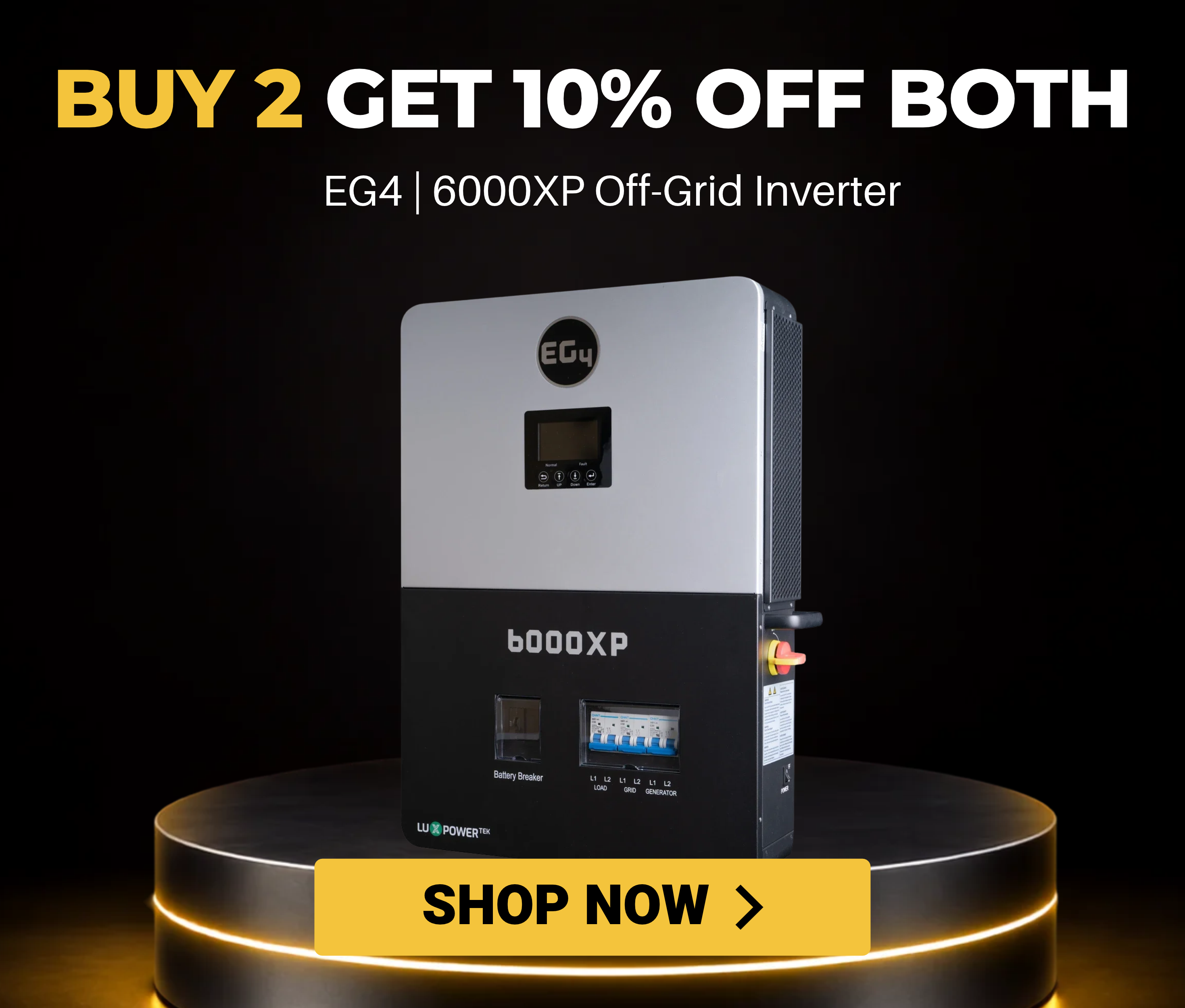 Promotional image for off-grid EG4 6000XP inverter sale buy 2 get 10% off both.