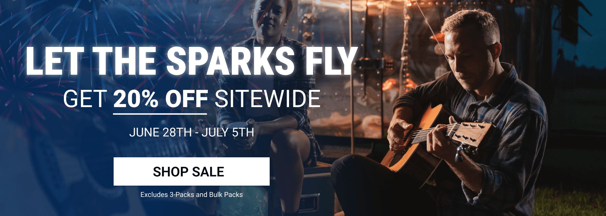 Elixir Strings Man playing guitar with sparks flying, promotional text for sale. 20% Off Sitewide