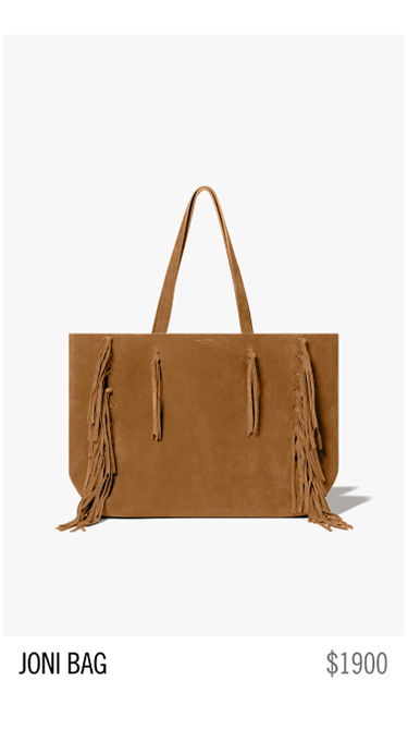 Brown suede bag with fringe details, labeled 