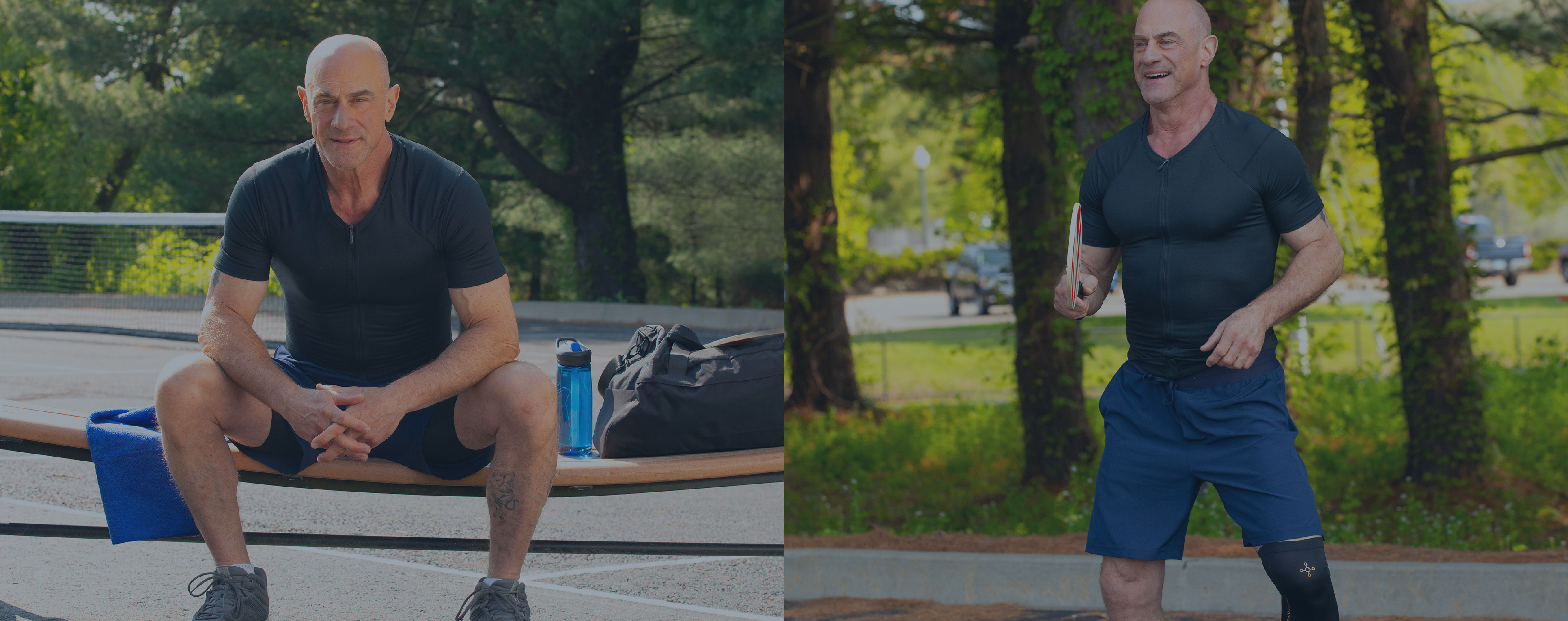 Christopher Meloni playing pickleball wearing Tommie Copper compression