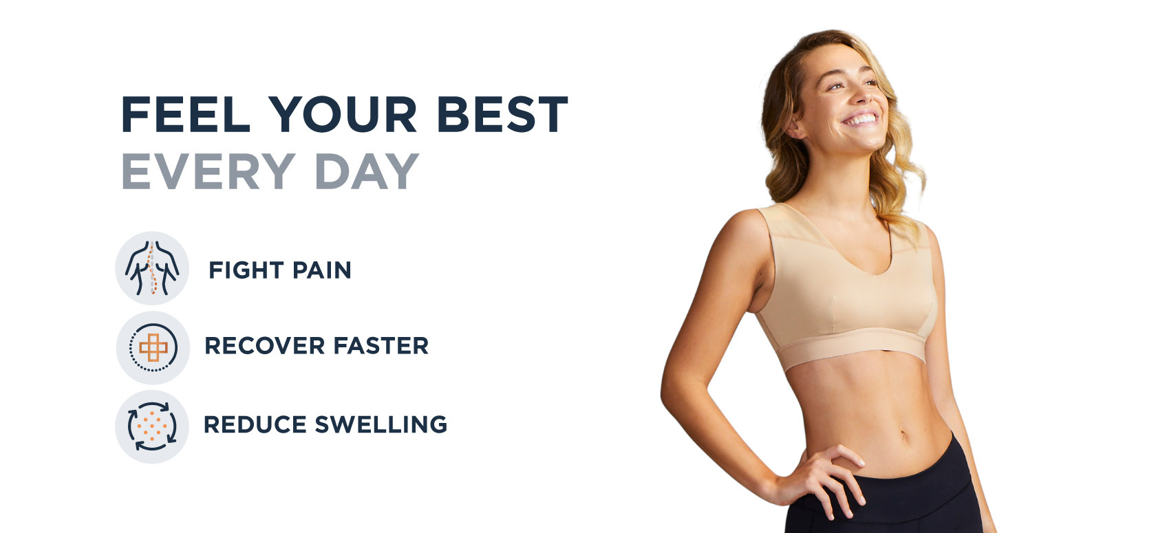 A woman smiling while wearing a Shoulder Support Bra, with the text FEEL YOUR BEST EVERY DAY, Fight Pain, Recover Faster, Reduce Swelling.
