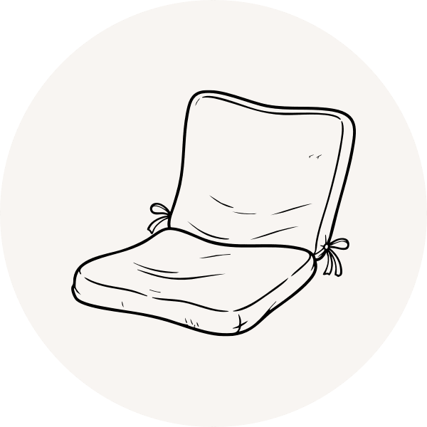 Outdoor cushion illustration showing flattened, sagging patio cushions, representing foam collapse and fabric wear from Arizona heat and sun exposure.