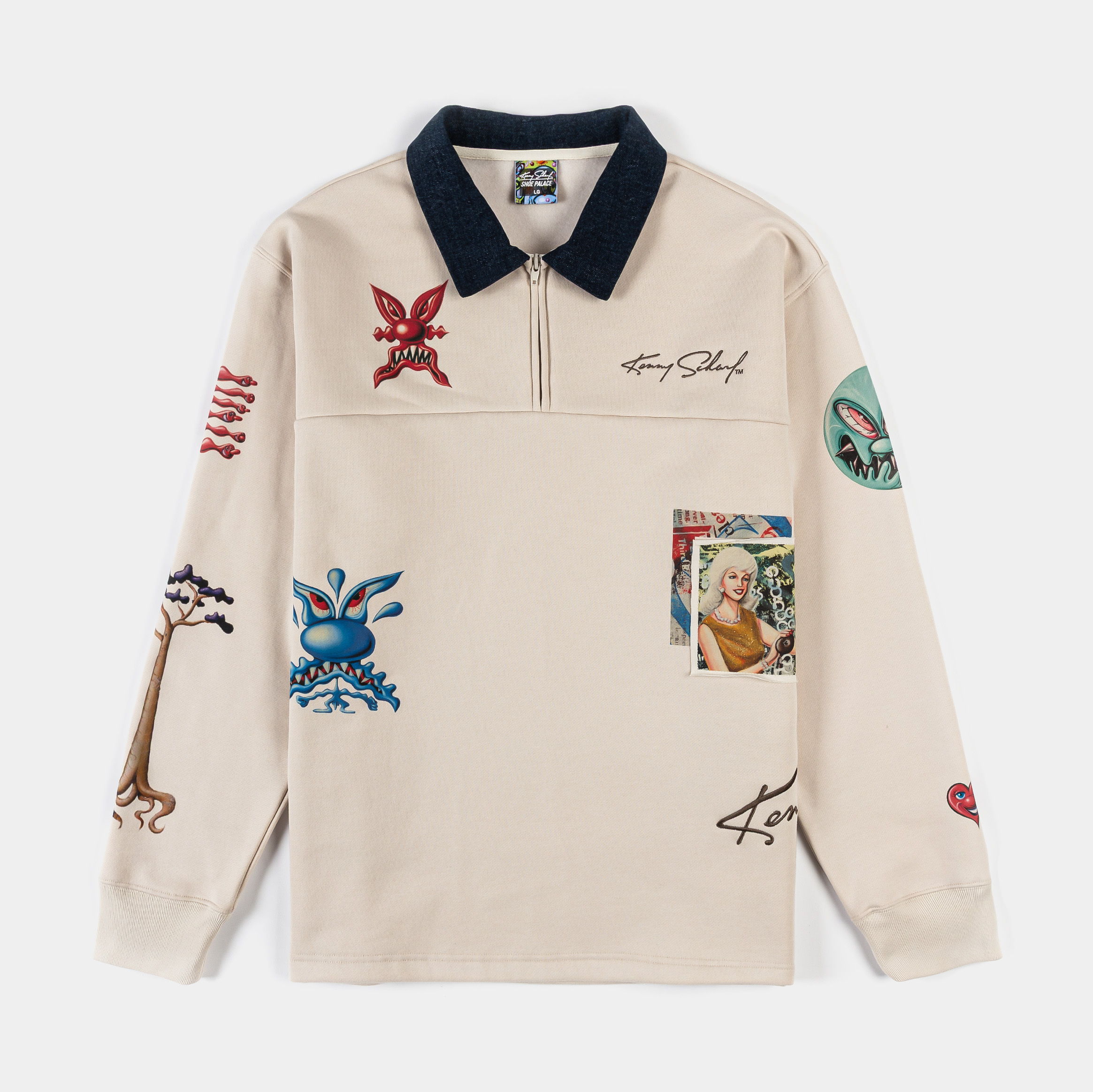 Beige collared shirt with various colorful embroidered designs.