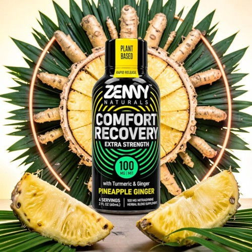 Zenny Comfort Recovery drink with pineapple ginger flavor and turmeric, surrounded by pineapple.
