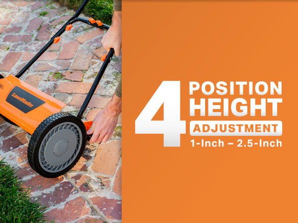 Lawn mower with four height adjustment options, 1-inch to 2.5-inch.