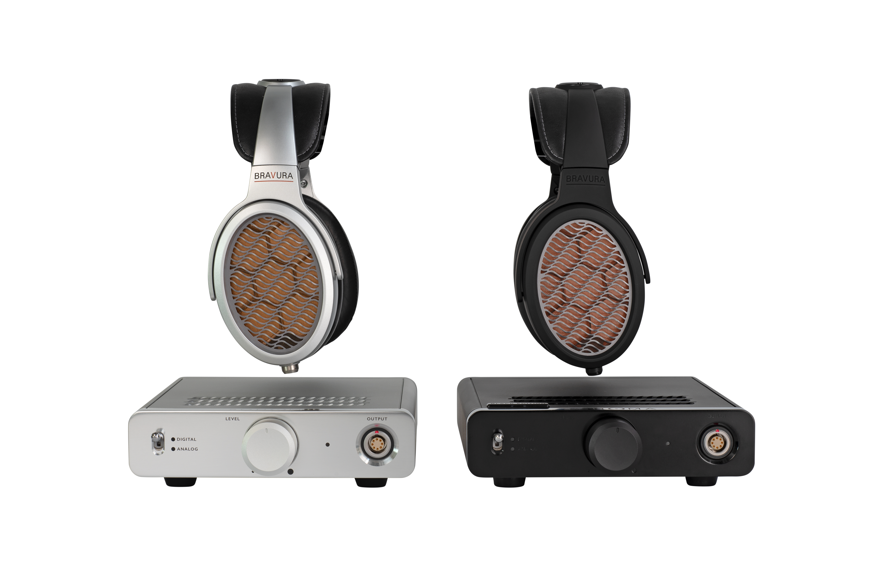 Bravura headphones and Sonoma M1 amplifier in silver and black