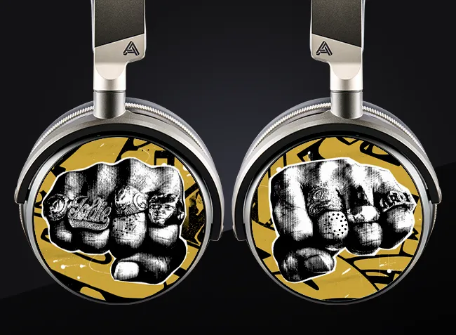 Headphones featuring a bold graphic design of a clenched fist.