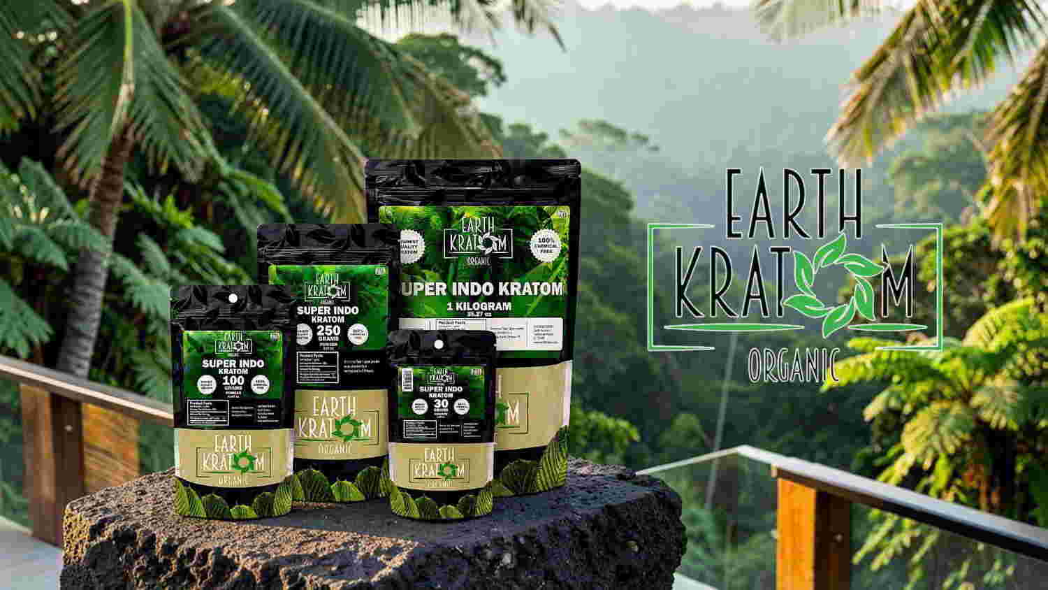 Bags of organic products displayed on a balcony with tropical foliage in the background.