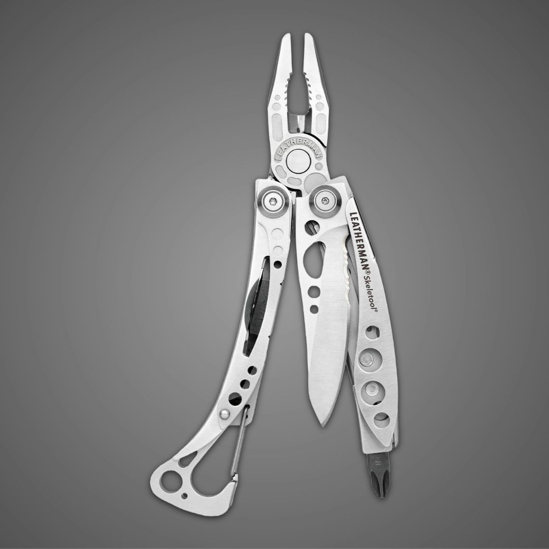 A multi-tool with pliers and various blades, on a gray background.