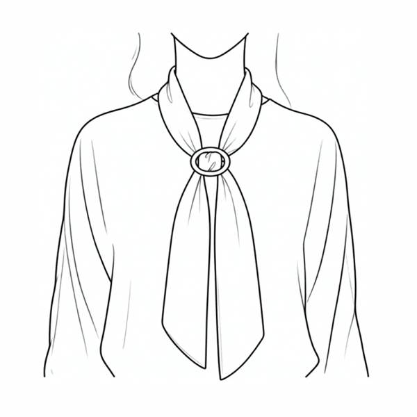Drawn illustration of a woman wearing a long rectangular scarf secured with a scarf ring.