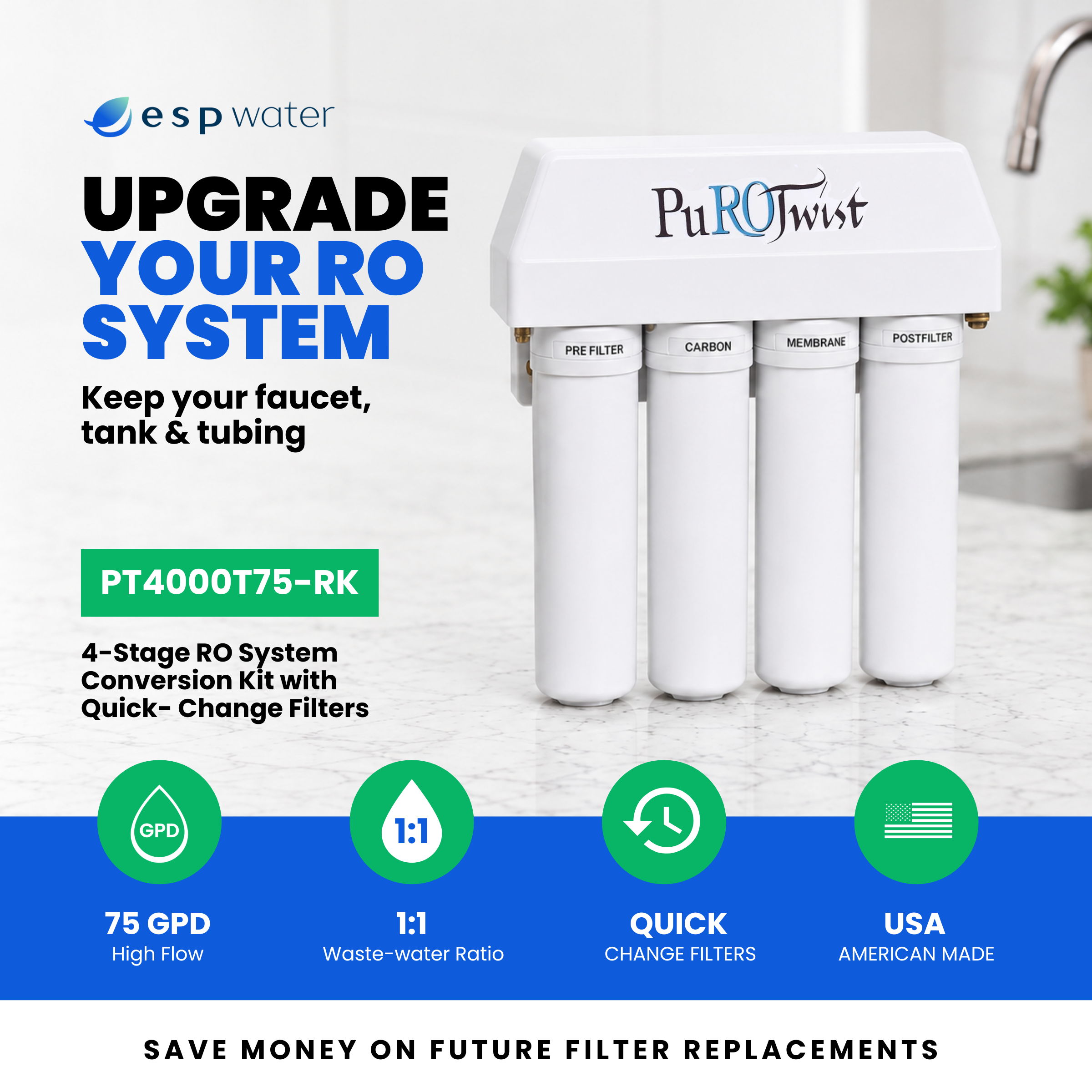 Upgrade your RO system with quick-change filters and savings on replacements.