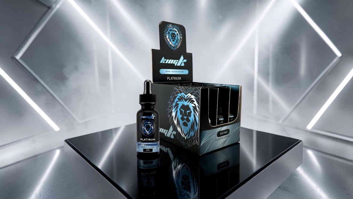 Product display featuring a bottle and packaging on a reflective surface.