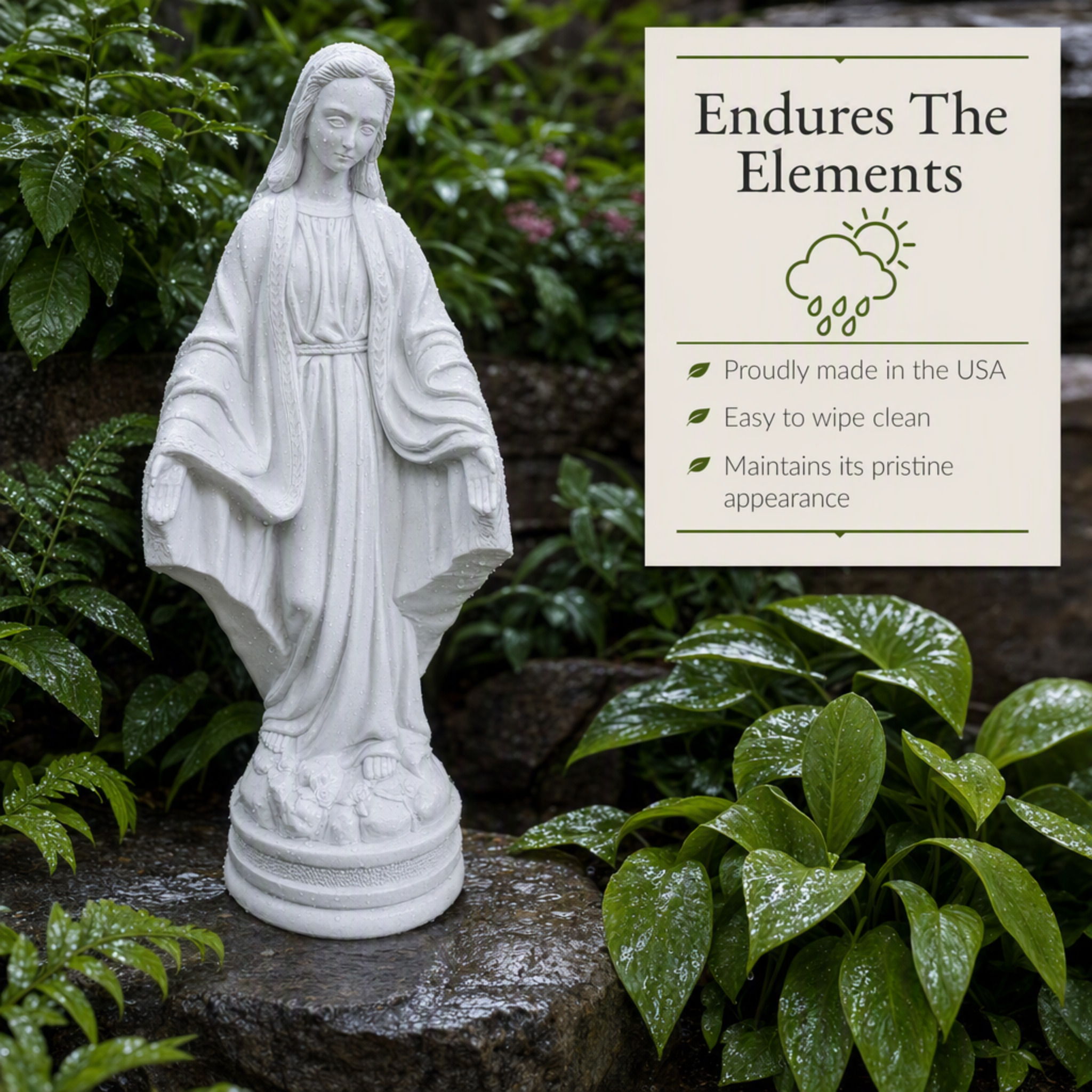 Weather-resistant outdoor Virgin Mary statue