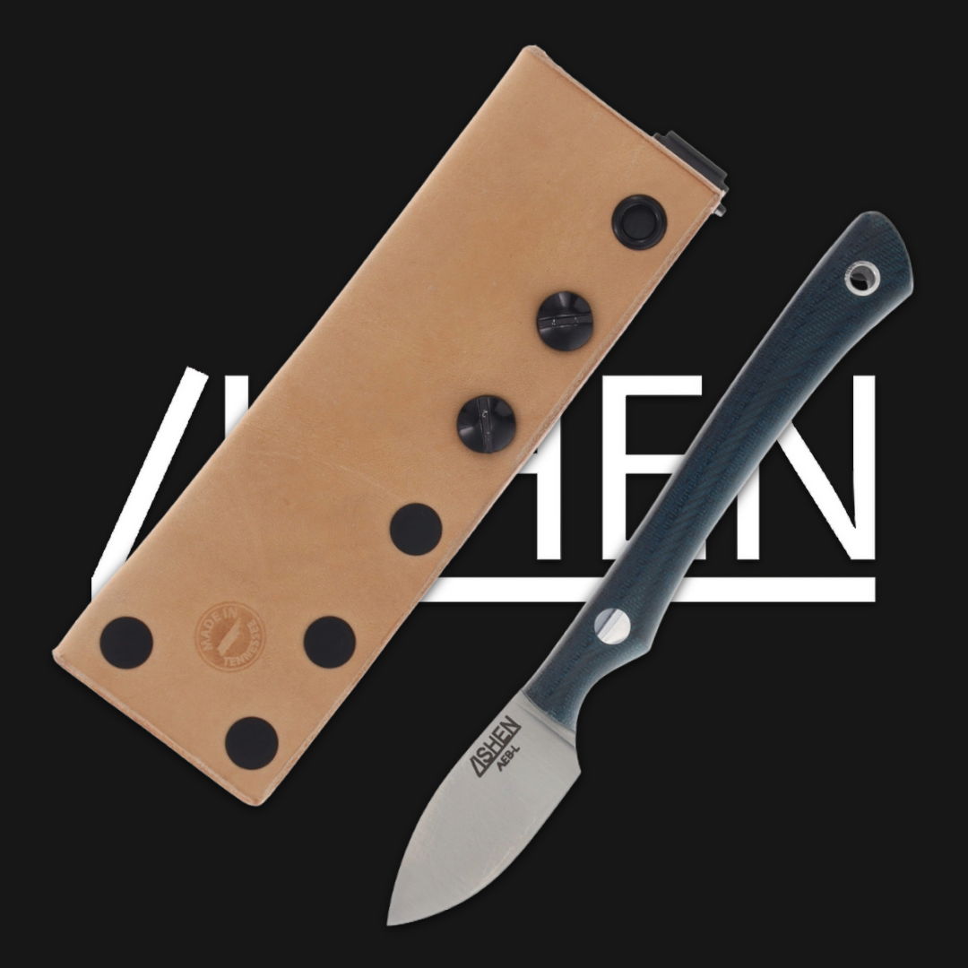 Knife with leather sheath on a black background.
