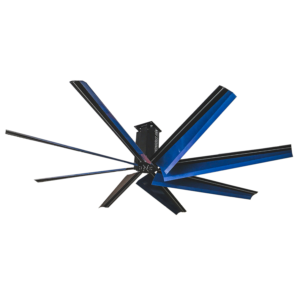 Large black and blue ceiling fan with multiple blades.