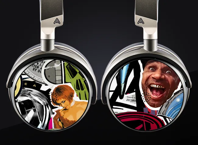 Headphones featuring colorful illustrations and expressive faces on ear cups.