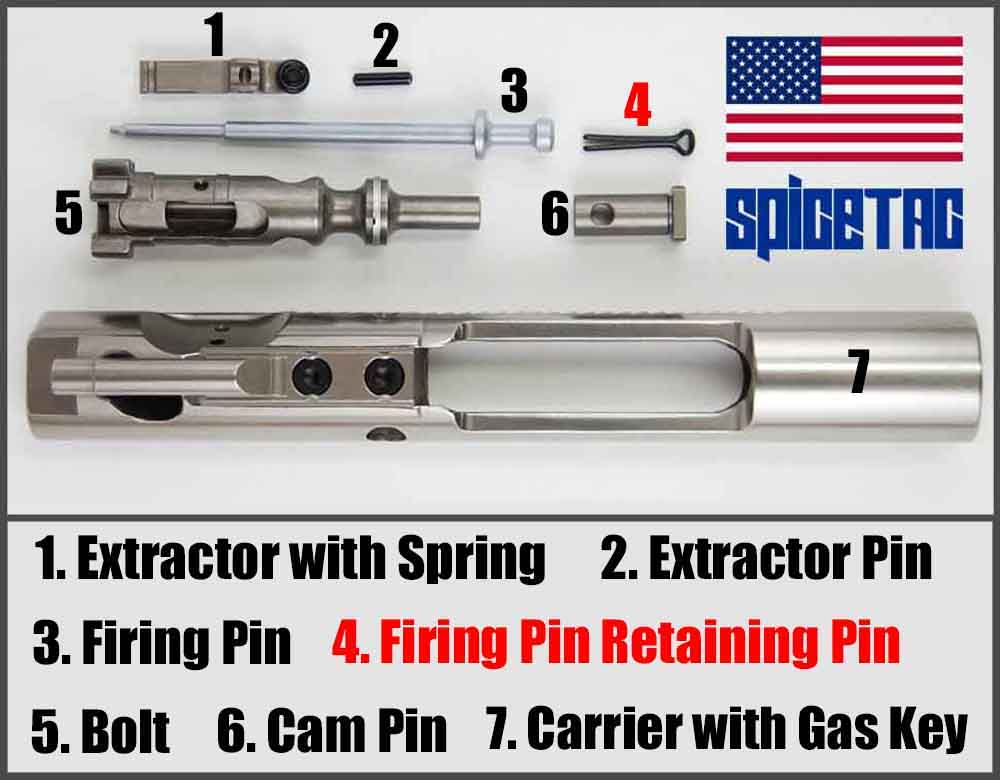 AR-15 BCG disassembled and parts labeled