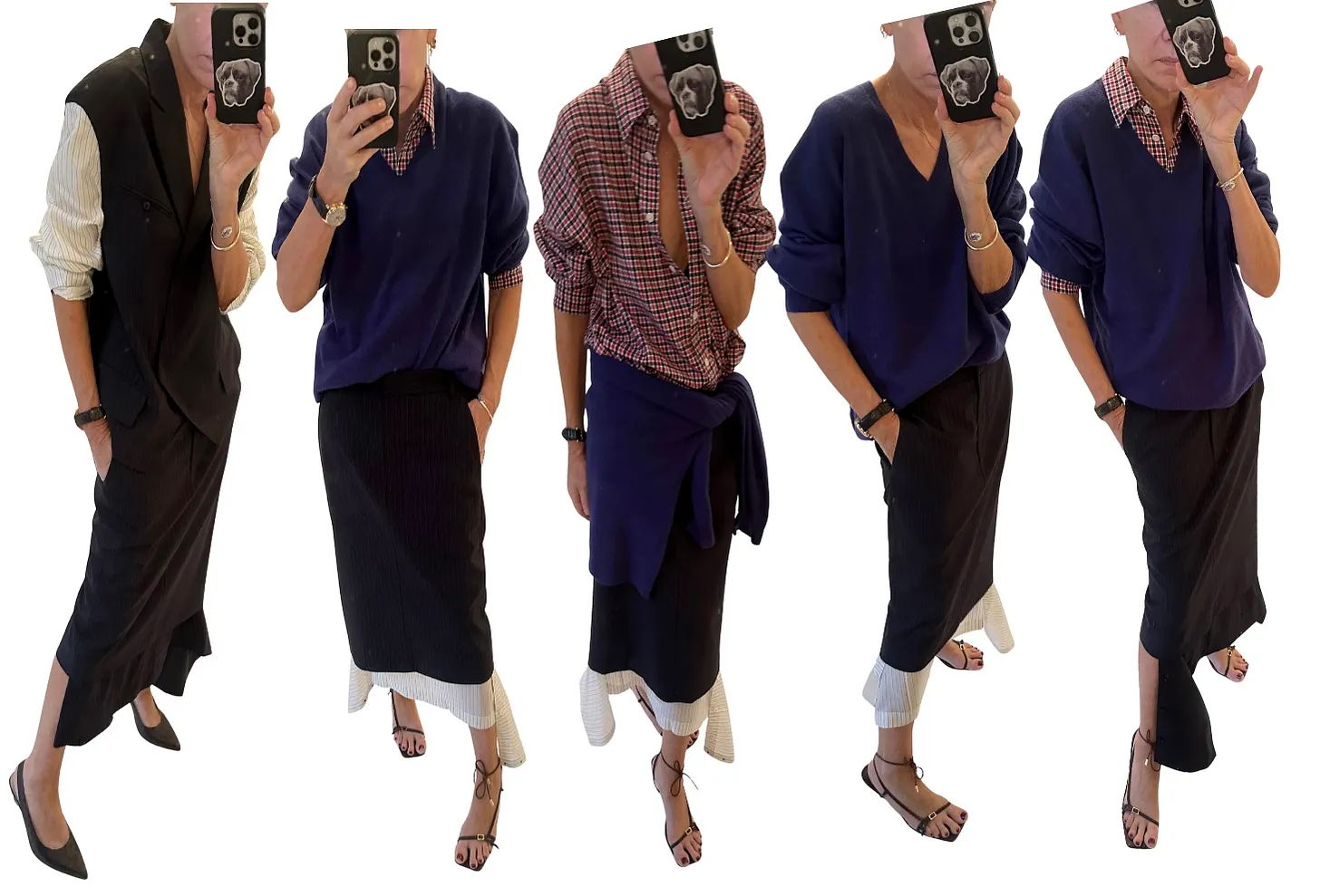 Person modeling various outfits while holding a phone to take a selfie.