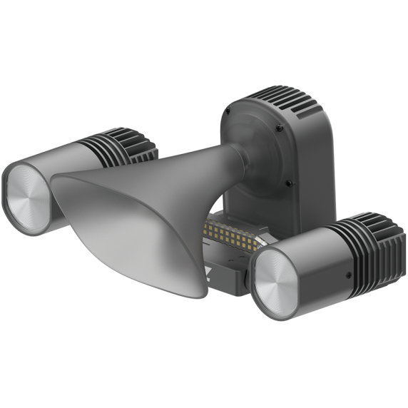 A gray speaker with two lights attached.
