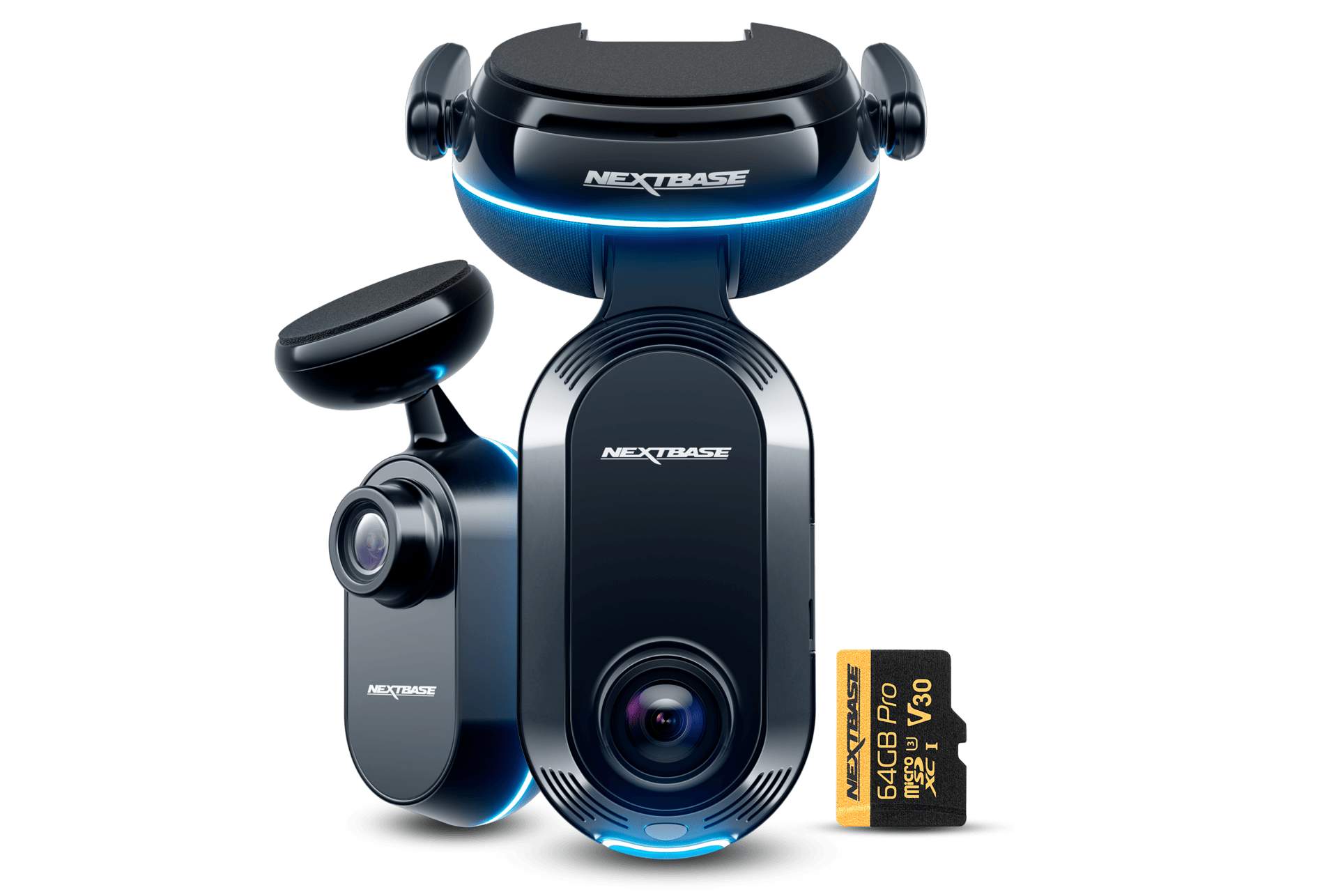 A dashboard camera with a sleek design and memory card.
