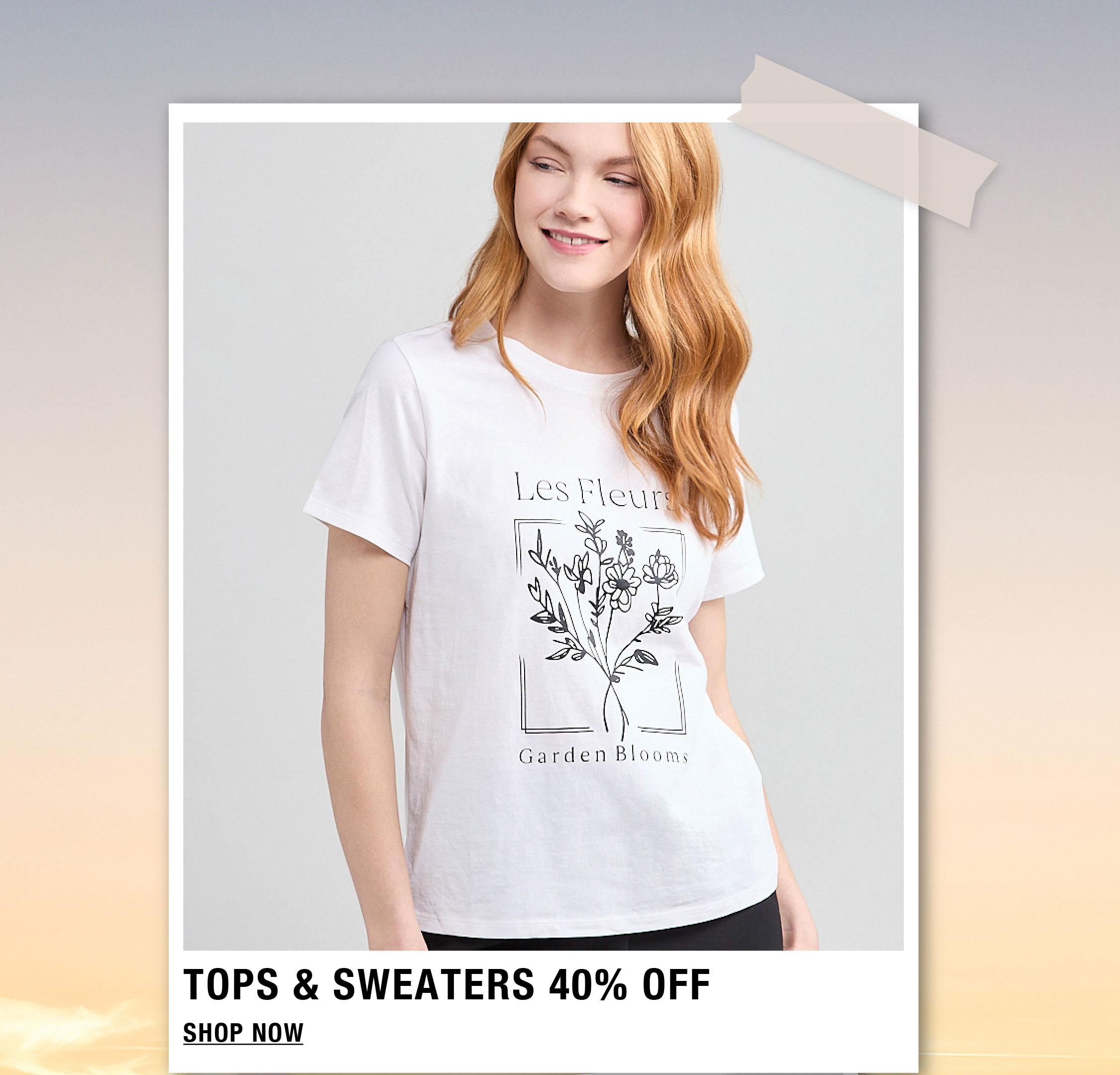 Woman wearing a white t-shirt with floral design, promoting sale on tops and sweaters.