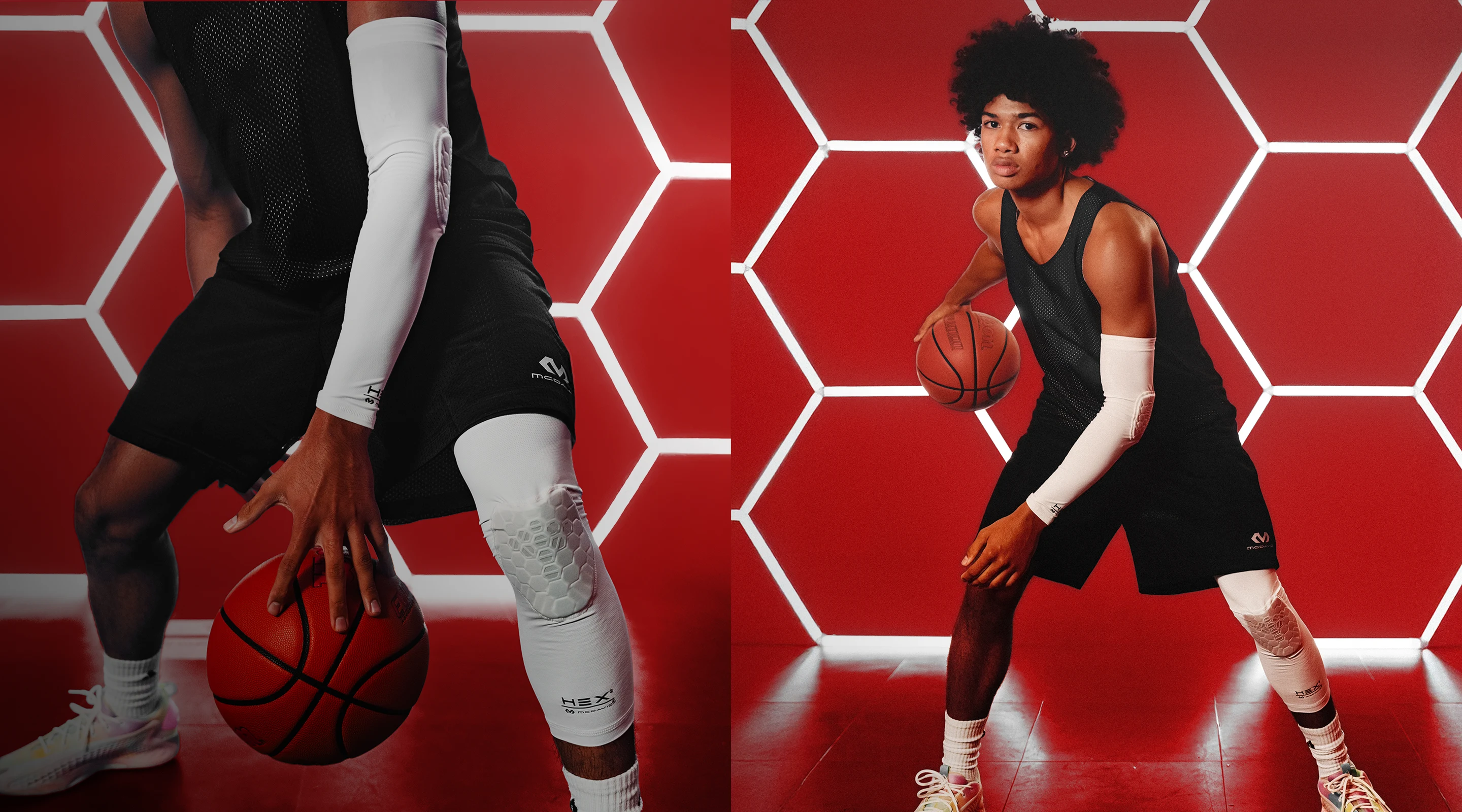 Basketball player dribbling against a red hexagonal background.