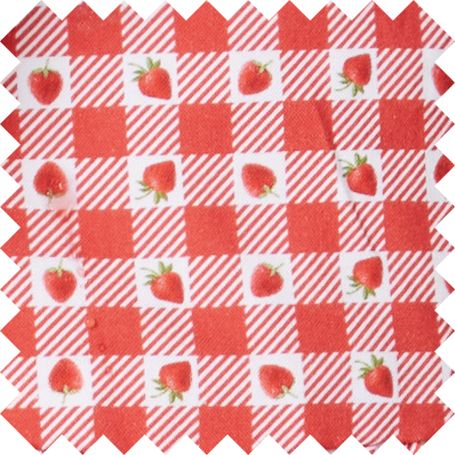 Red and white checkered pattern with strawberry illustrations.