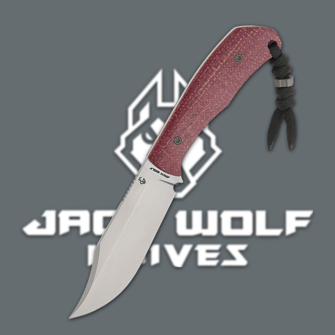Red-handled knife with a curved blade and logo background.