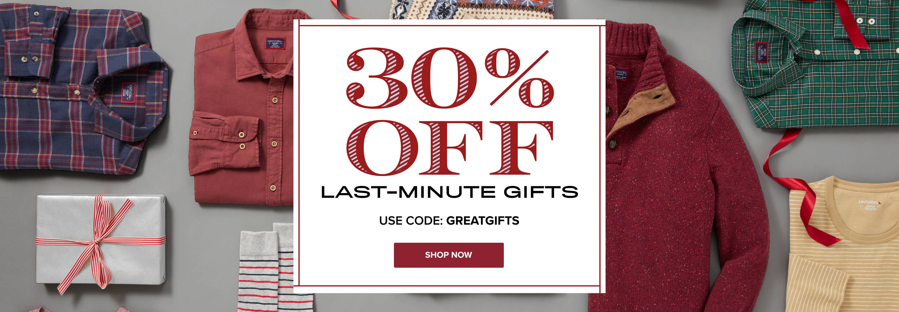 Laydown of UNTUCKit Holiday Products—30% Off Last-Minute Gifts | Use code: GREATGIFTS