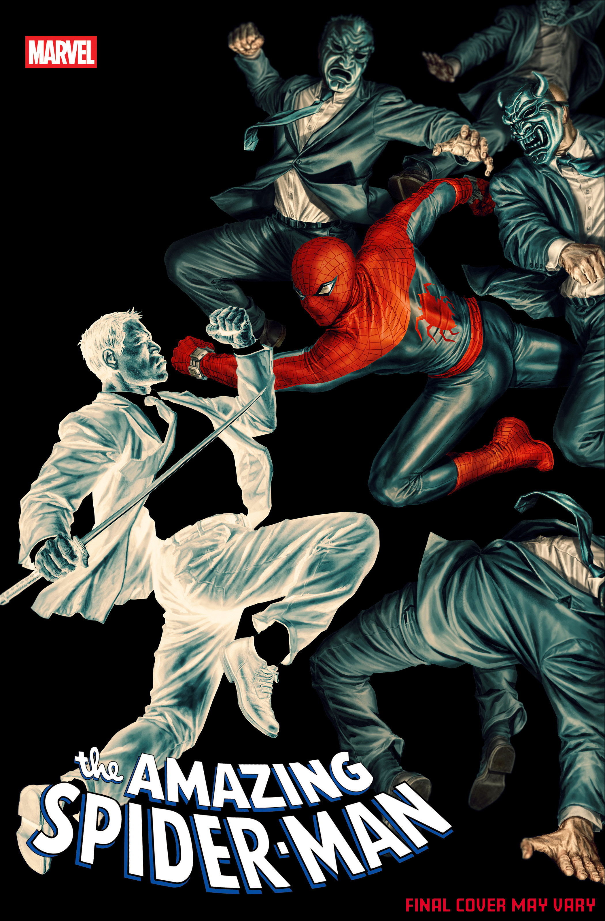 Spider-Man fighting multiple shadowy figures, with the title 