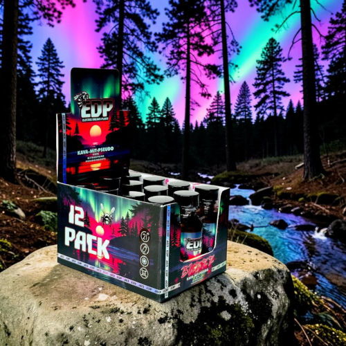 A 12-pack of drinks displayed in a forest with northern lights.