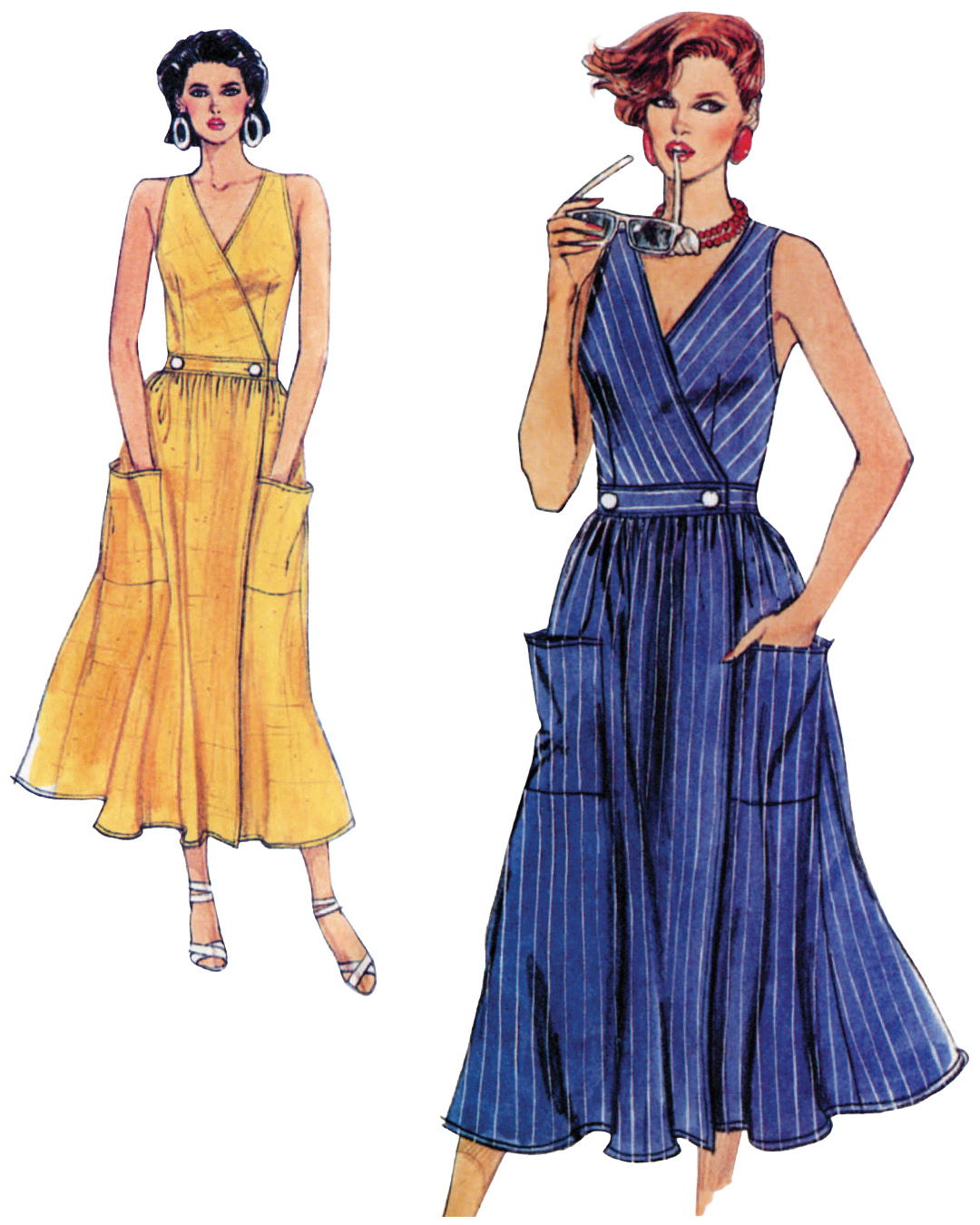 Two fashion illustrations of stylish dresses in yellow and blue.