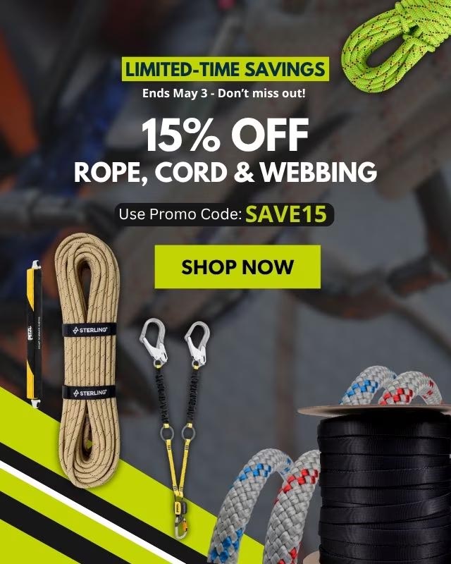 Promotion for 15% off rope, cord, and webbing with a coupon code.