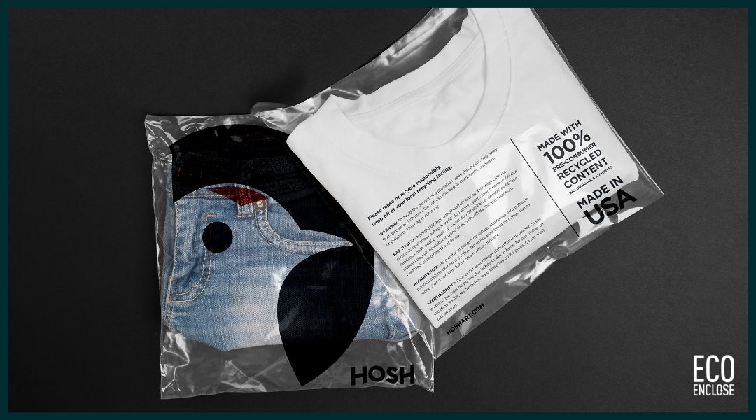 A packaged t-shirt with a label and design details.